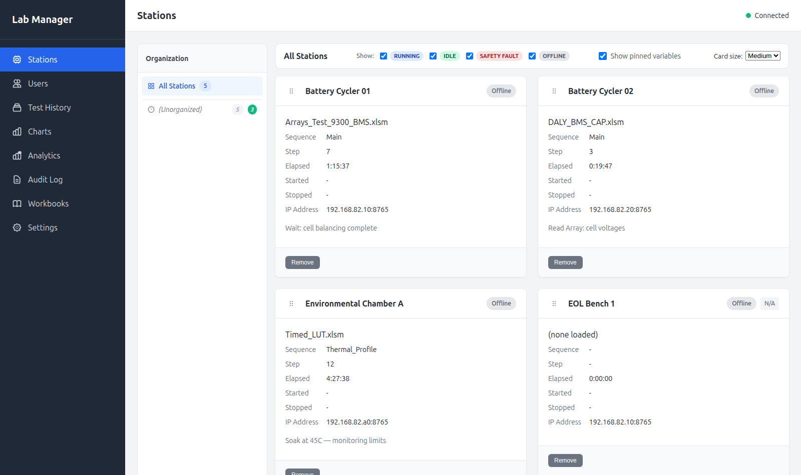 Lab Manager dashboard showing multiple test stations with live status, running tests, and controls