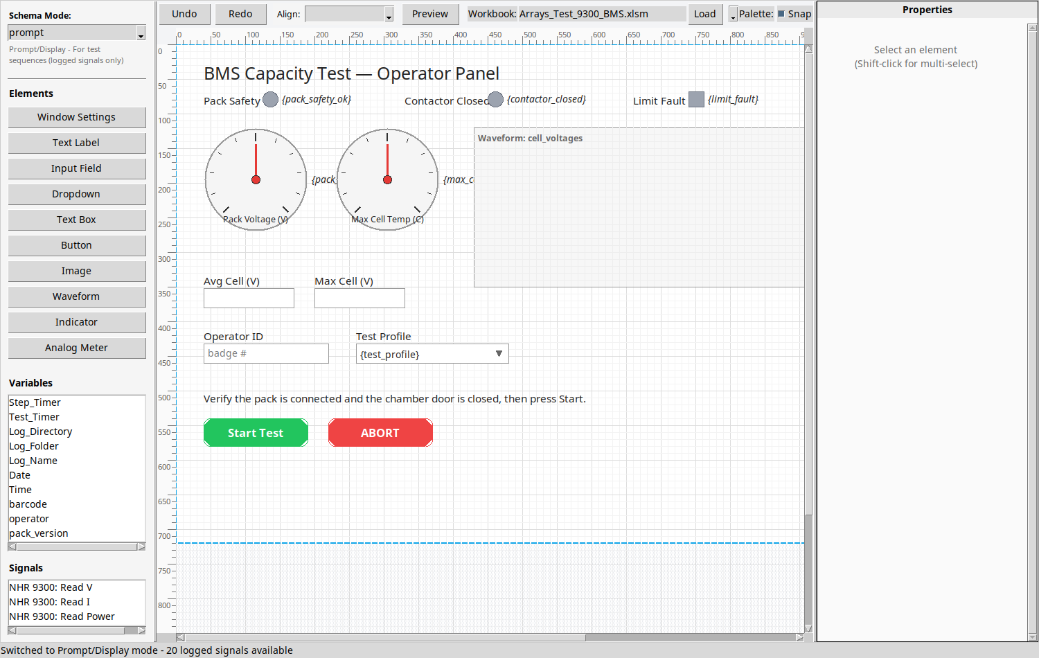 Prompt Builder drag-and-drop editor with element palette, workbook variables, and an operator panel design